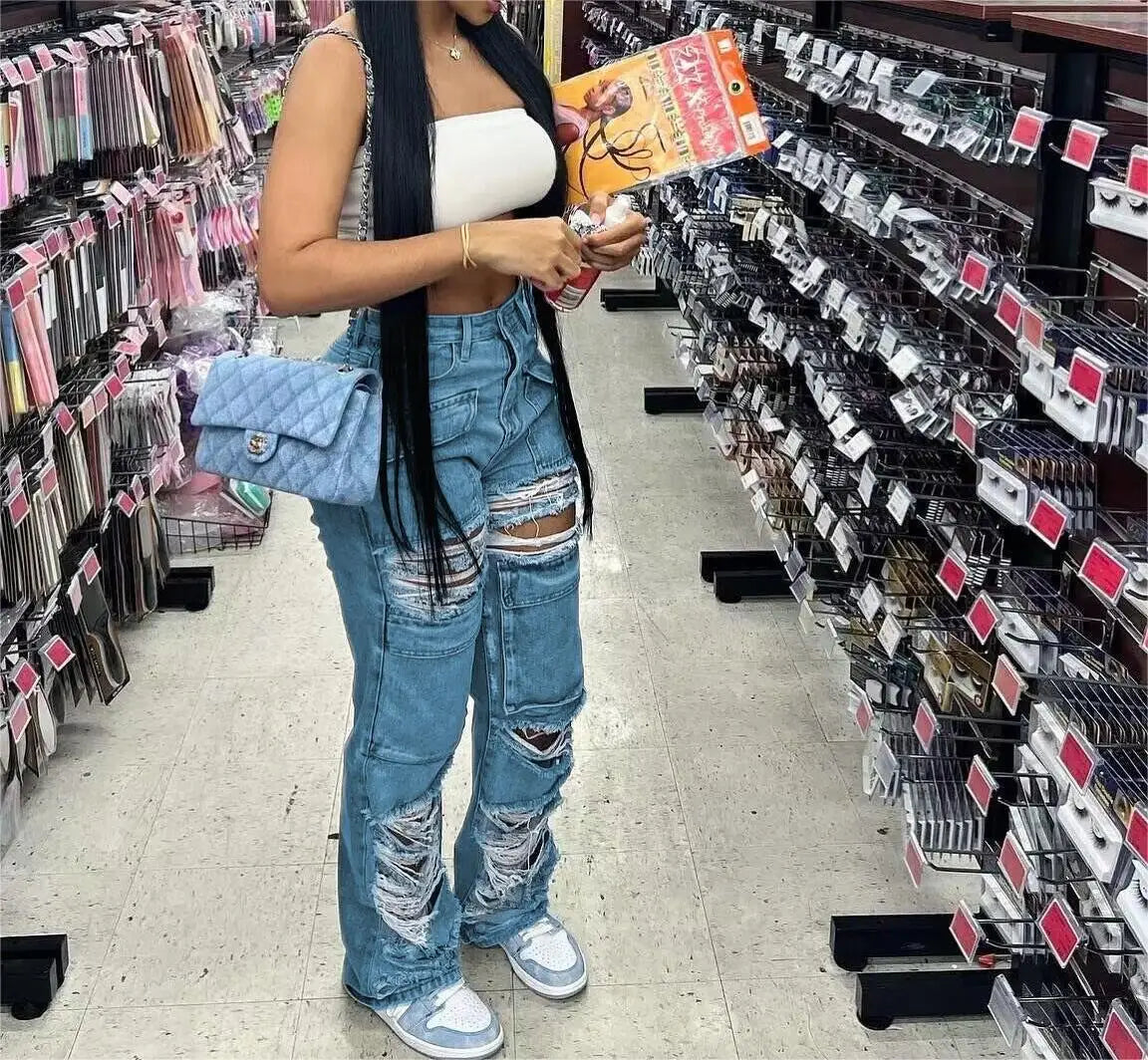 Women Jeans Denim Patchwork Straight Pants Holes Distressed Pockets Washing High Street Low Waist Zipper Fly Flat Winter Aviola