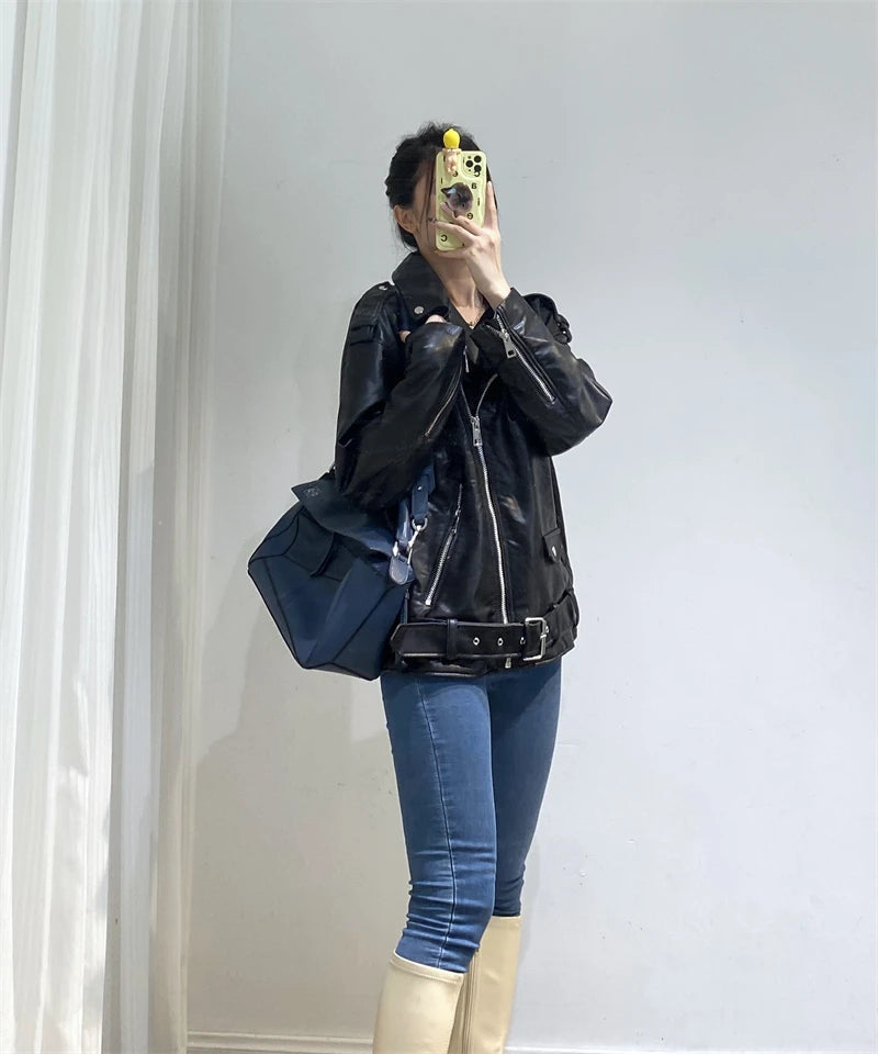RARF  New 2024 Women's motorcycle leather PU imitation leather loose jacket black jacket Aviola