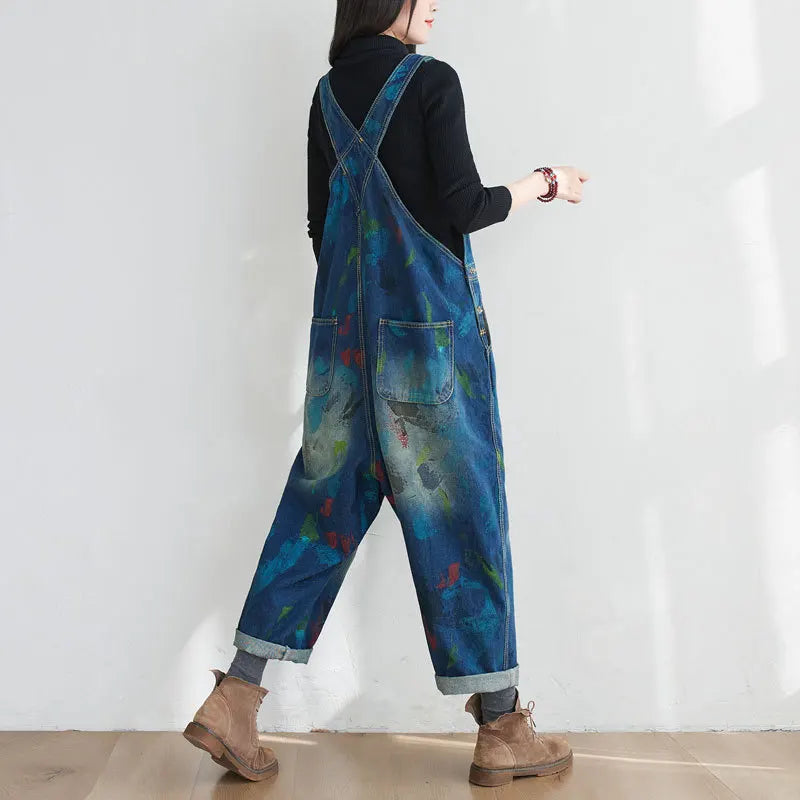 Washed Print Overalls Distressed Women Wide Leg Denim Pants Ankle Length Jean Loose Vintage Jeans Spliced One Piece Casual Aviola