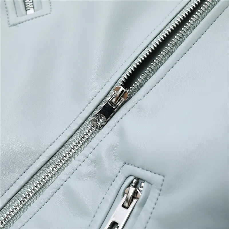2025 New Spring Autumn Women Blue Faux Leather Jacket Ladies Solid With Belt Zipper Biker Coat Female Casual Outwear Veste Femme Aviola