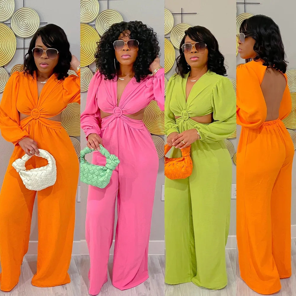 Jumpsuits Long Sleeve One Piece V Neck Women Rompers Backless Sexy Overalls Solid Wide Leg Pants Pockets Spliced Full Length Aviola