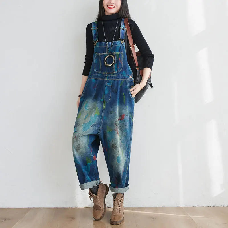 Washed Print Overalls Distressed Women Wide Leg Denim Pants Ankle Length Jean Loose Vintage Jeans Spliced One Piece Casual Aviola
