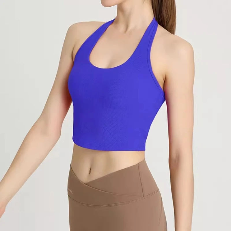 2023 Summer Sexy Sports Bra Rib Sport Top Underwear Women's Running Gathered Bra Hanging Neck Fitness Vest Fixed Padded Yoga Bra Aviola