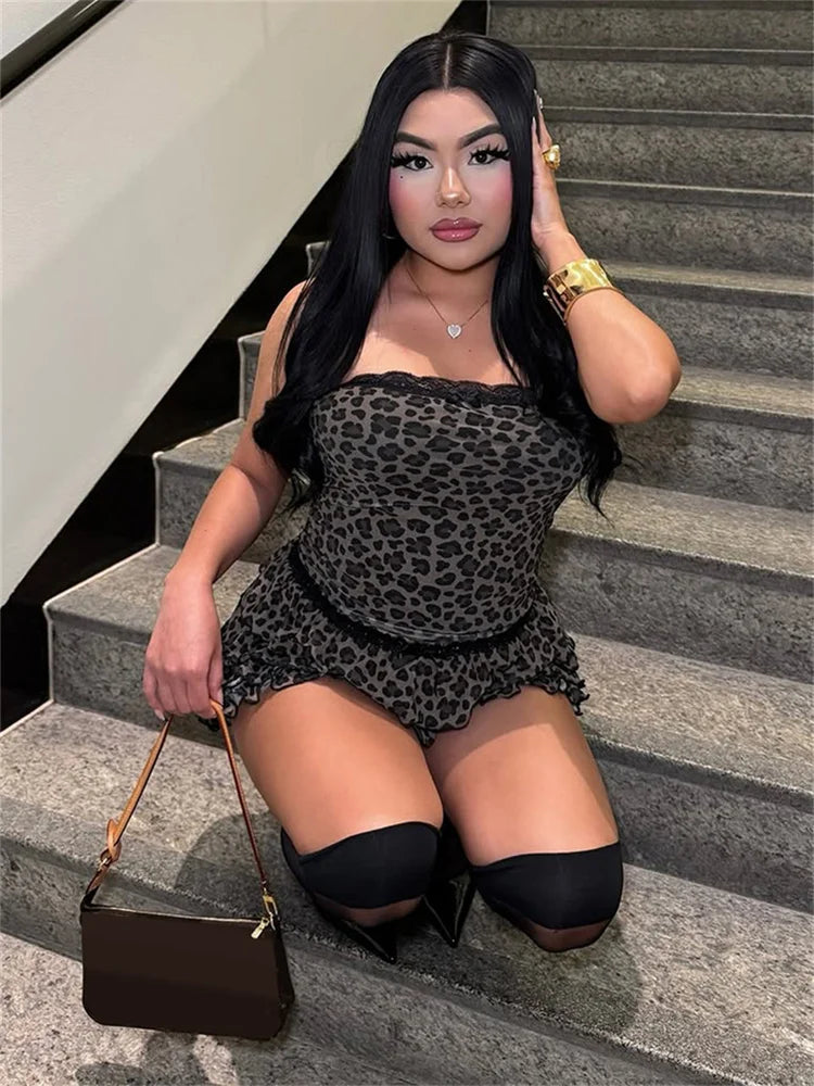 Nibber Sexy Leopard Print 2 Piece Set Women Mesh Patchwork Strapless Tops+Ruched Tierred Shorts  Hottie Street Hipster Suits Aviola