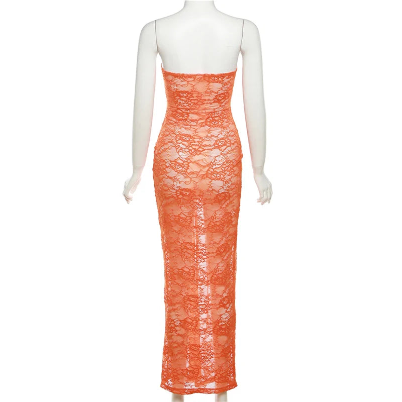 Nibber Lace See-Through Sexy Woman Long Wrap Sleeveless Dress Coquette Ruffles Nightclub Party High Stretch Charming Vestidos Aviola