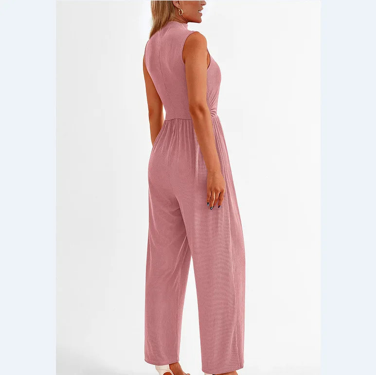 Women Jumpsuits One Piece O Neck Sleeveless Rompers Overalls Solid Wide Leg Pants Pockets High Waist Ankle Length Basics 2025 Aviola