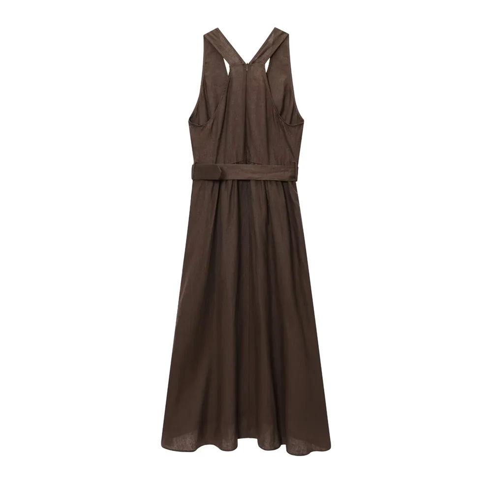BM&MD&ZA2025Fashion V-neck Wide Shoulder Straps with Belt Design Sleeveless A-line Vest Dress Summer New Arrival Women's Dress Aviola