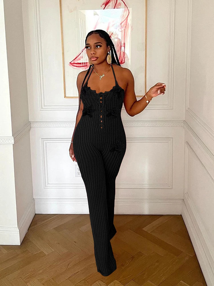 Nibber Knitted Lace-Up Jumpsuit Women Backless Halter Flower Applique Sleeveless 2025 Summer Vacation Trend Classic Overalls Aviola