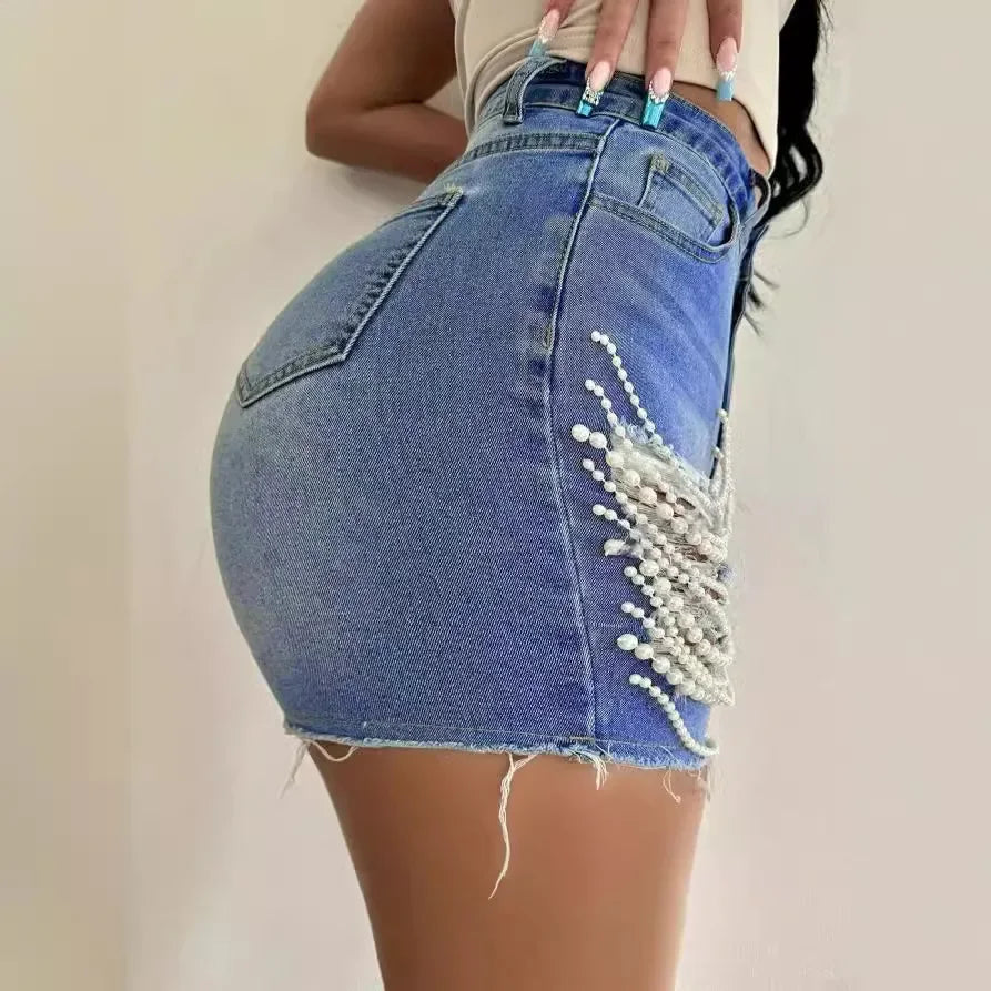 Denim Shorts Women Hole Jeans Ripped Pearl Chain Pockets Sexy Mom Vintgae Party Short Pants High Waist Denims Streetwear 2025 Aviola