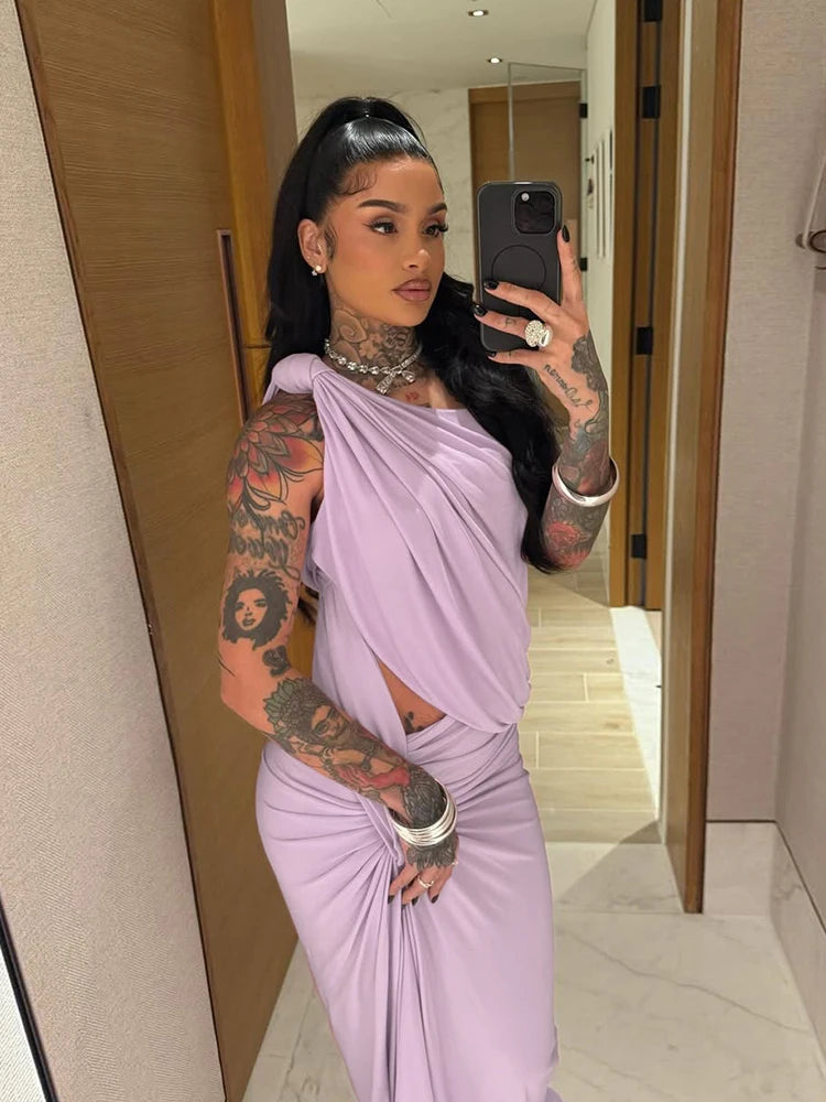 Nibber Ruched Elegant Dress Women Sexy Irregular Diagonal Collar Hollow Sleeveless Skinny Robe Midnight Prom Party Long Bodycon Aviola