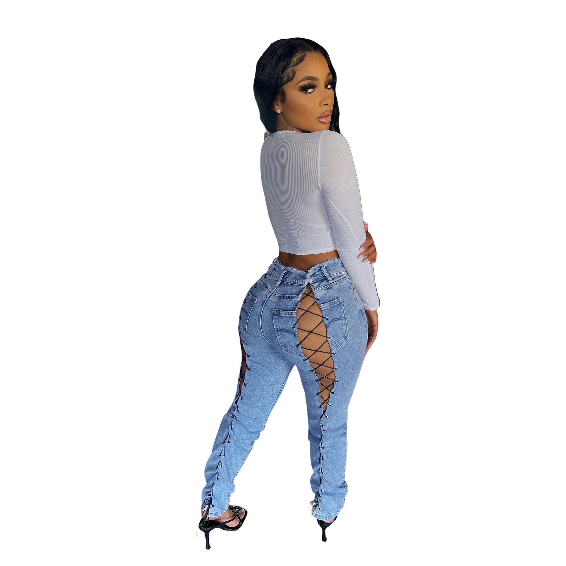 Ankle Length Jeans Hollow Spliced Sexy Jean Pencil Denim Pants Women Solid Washed Skinny Pockets High Waist Punk Style 2025 Aviola