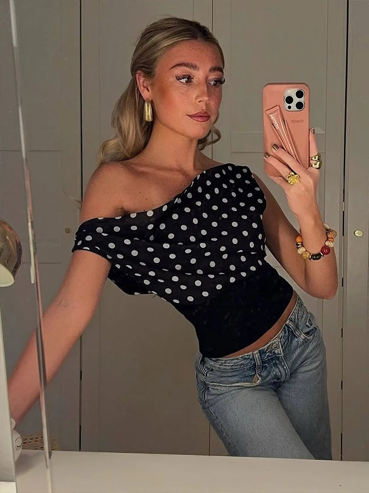 Nibber Daily Skew Collar Off Shoulder T-Shirt Women Polka Dots Print Summer Trend Backless Street Fashion Trend Ruched Crop Tops Aviola