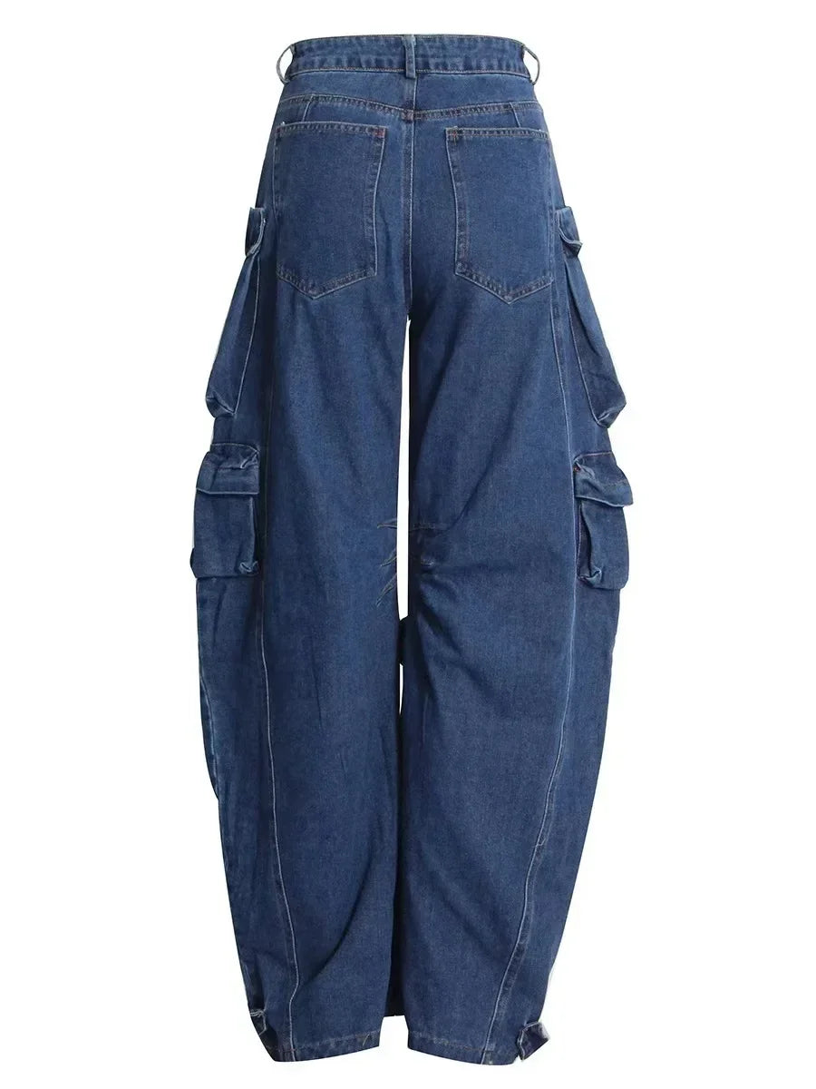 Women Jeans Denim Cargo Pants Long Pant Wide Leg High Waist Button Pockets Streetwear Y2k Mom Straight Trousers Casual Loose Aviola