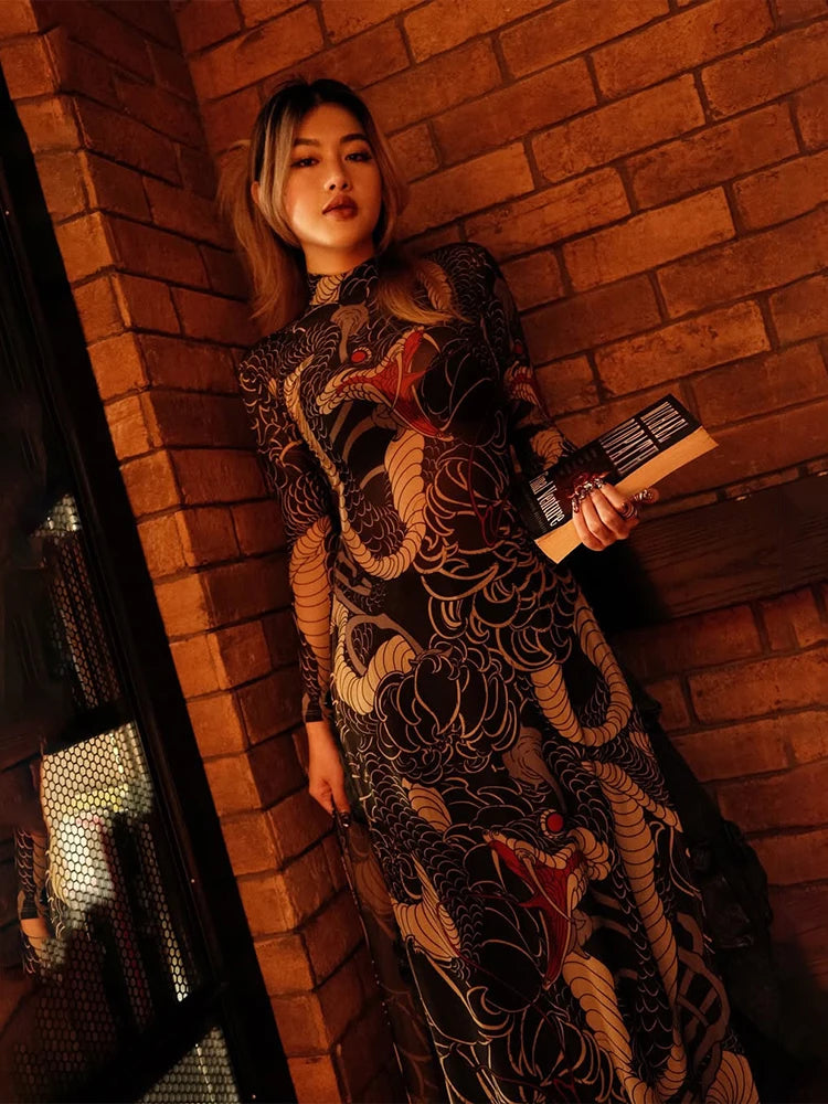 Nibber See Through Blouse Women Snake Print Half-High Neck Long Sleeves High Slits High Elasticity Street Skinny Trend Long Tops Aviola