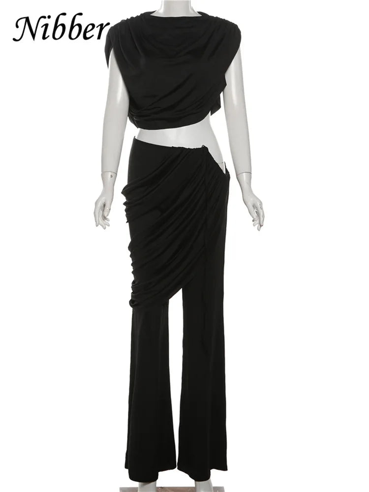 Nibber Classic 2 Piece Set Elegant Ruched Summer Women Chic Irregular Tank Tops+Skirts Pants Matching Casual Basic Streetwear Aviola