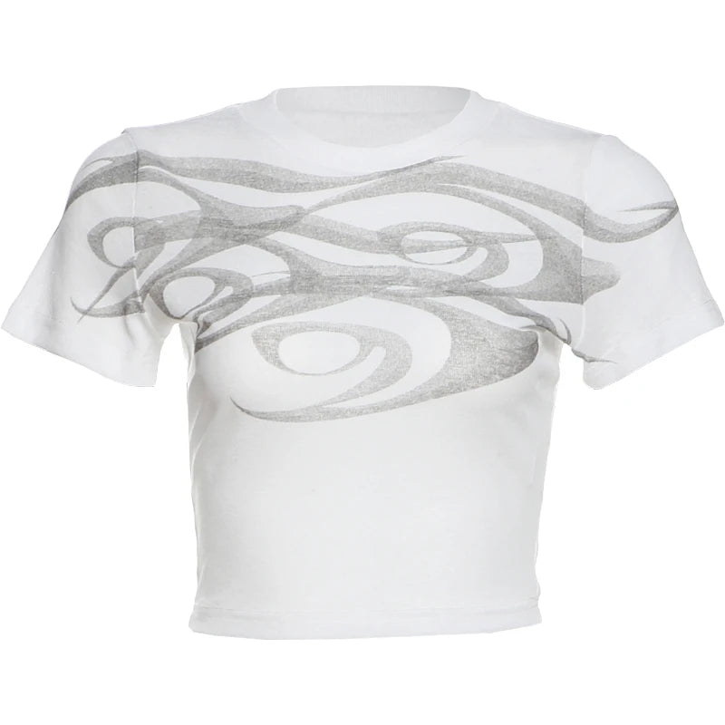 Nibber Print See Through t-Shirt Women o-Neck High Elasticity Skinny Sexy Summer Simple Street Classic Versatile Leisure Tops Aviola