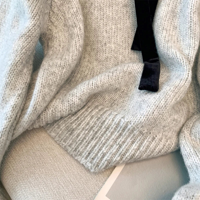 MEXZT Vintage Bow Sweater Women Streetwear Velvet Patchwork Knitted Pullovers Long Sleeve Knitwears Winter Korean Casual Jumpers Aviola