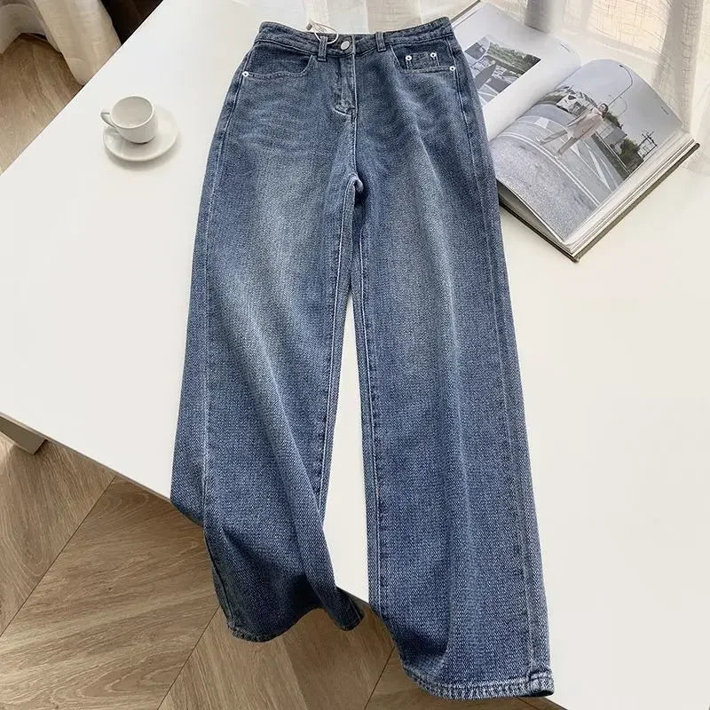 Jeans Women Wide Leg Pants Denim High Waist Zipper Fly Vintage Pockets Button Floor Length Trousers Straight Casual Denims Aviola