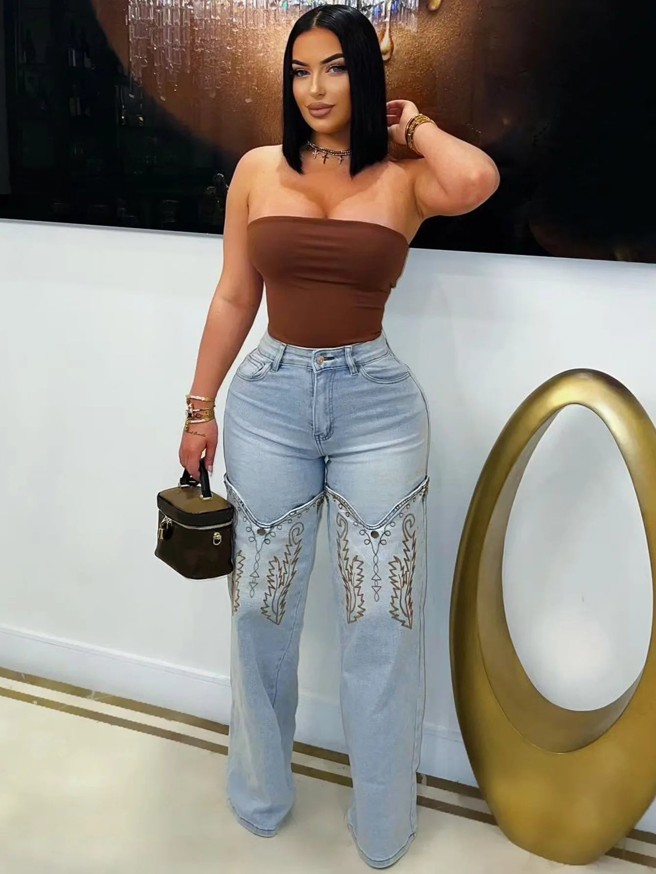Denim Pant Women Jeans Wide Leg Long Pants High Waist Straight Trousers Y2k Streetwear Embroidery Splice Mom Jeans Party Club Aviola