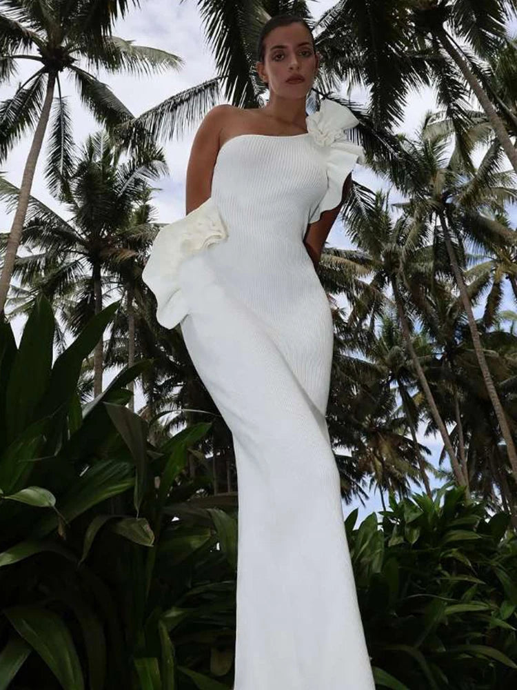 Nibber Casual Strapless Maxi Dress Women Ruched 3d Flowers Diagonal Collar Backless Holiday Crochet Elegant Fashion Vestidos Aviola