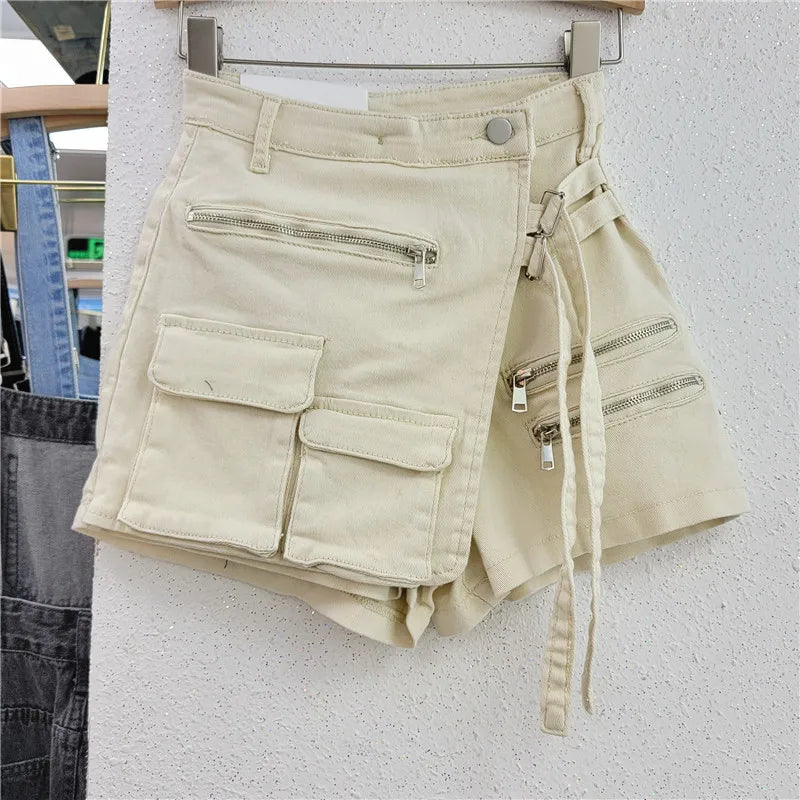Denim Skirt Women Jeans Culottes Cargo Shorts Irregular Washed High Waist Multiple Y2k Punk Streetwear Short Pants Summer 2025 Aviola