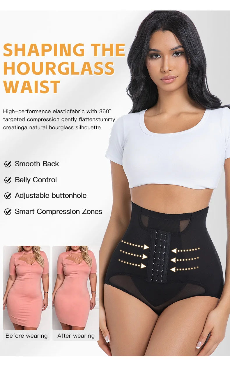 Women’s Waist Control Shapewear Panty with 3-Row Hooks Double Tummy Compression Mesh Butt Lifter High Waist Slimming Body Shaper Aviola