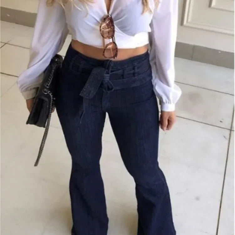 Women Jeans Solid Color High Waist Flare Pants Zipper Fly Flat Pockets Streetwear Slim Patchwork Button Slight Strech Belt Aviola