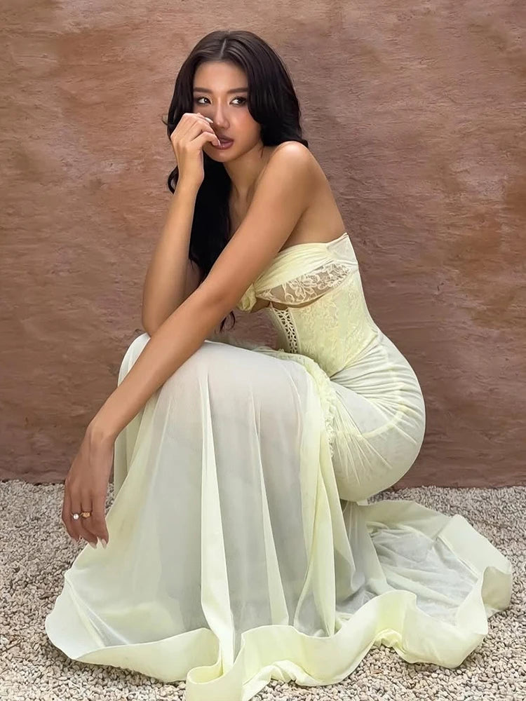 Nibber Sexy Patchwork Mesh Maxi Fishtail Dress Women Ruffles Hollow Bandage Elegant Temperament Vacation Birthday Party Vestidos Aviola
