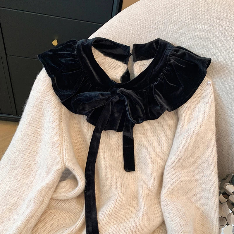 MEXZT Vintage Bow Sweater Women Streetwear Velvet Patchwork Knitted Pullovers Long Sleeve Knitwears Winter Korean Casual Jumpers Aviola