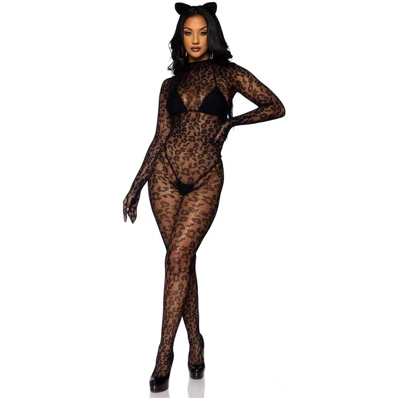 Exotic Baby Doll Costumes Sexy Crotchless Lingerie Women Backless Cutout Babydoll Chemises Mesh Sheer Leopard Print Bodystocking Aviola