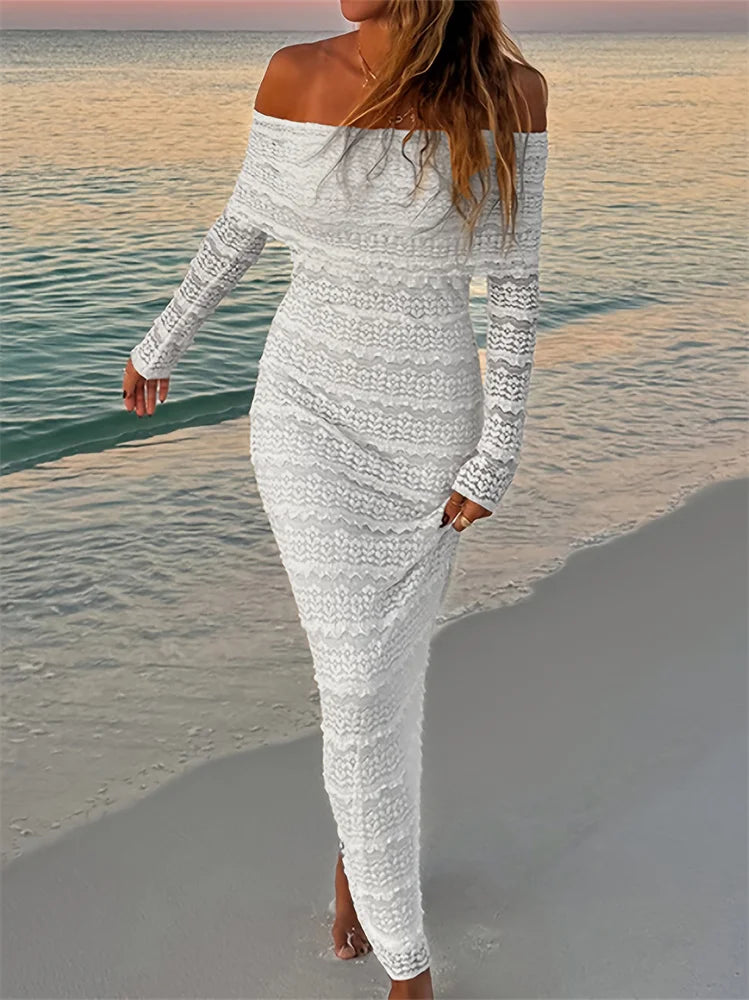 Nibber See Through Vacation Dress Women Jacquard Lapel Slash Neck Backless Full Sleeve Beach Party Elegant Chic Long Bodycon Aviola