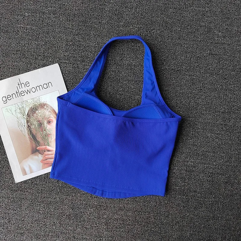 2023 Summer Sexy Sports Bra Rib Sport Top Underwear Women's Running Gathered Bra Hanging Neck Fitness Vest Fixed Padded Yoga Bra Aviola