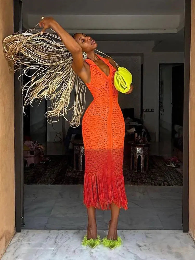 Nibber Tassel Mesh Patchwork Dress Women Solid See Through Sexy Sheath Y2K Casual Summer Trend Midnight Clubwear Party Vestidos Aviola