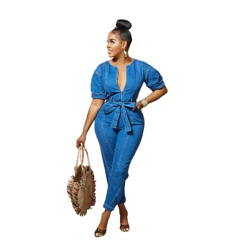 Sexy Denim Jumpsuit for Women Lace-up Pencil Pant Jeans Short Sleeve Sashes Long Rompers Playsuits One Piece Overalls Outfits Aviola