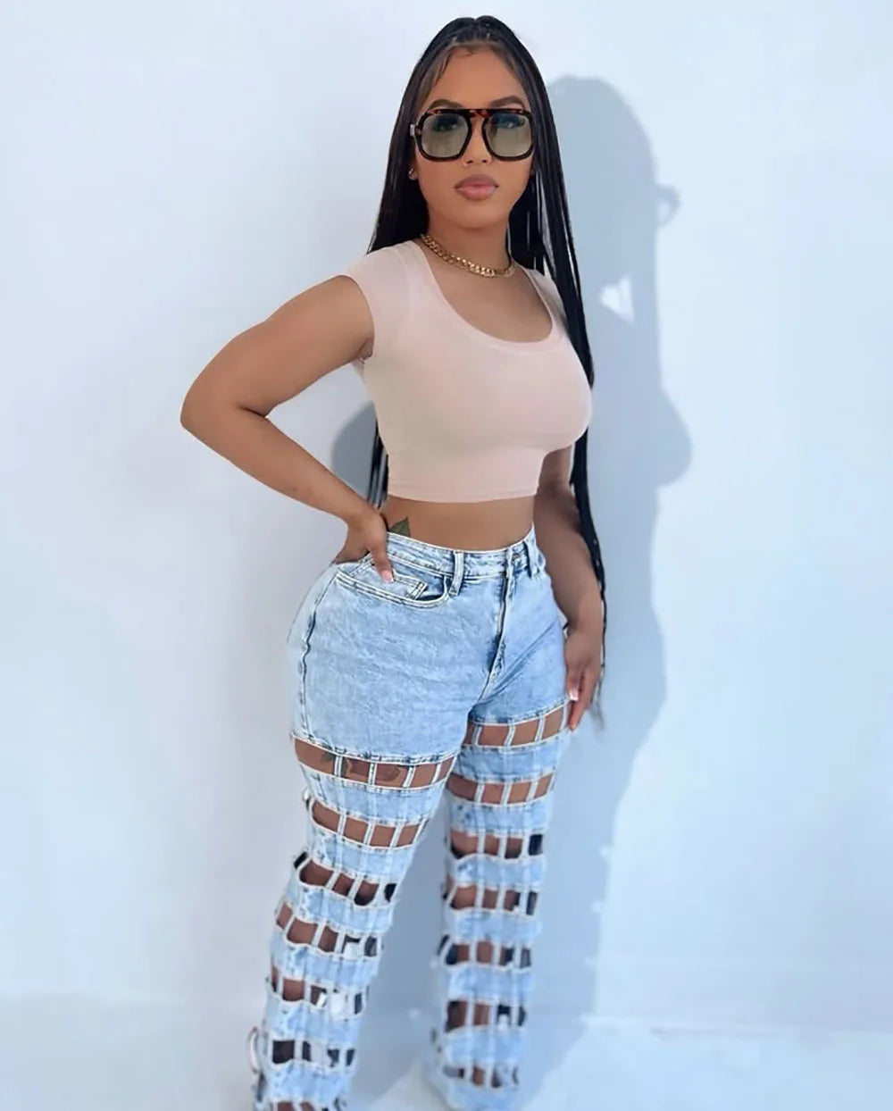 Denim Pant Women Jeans Long Pants Hollow Out High Waist Straight Mom Trousers Y2k Streetwear Elegant Splice Hole Casual Work Aviola
