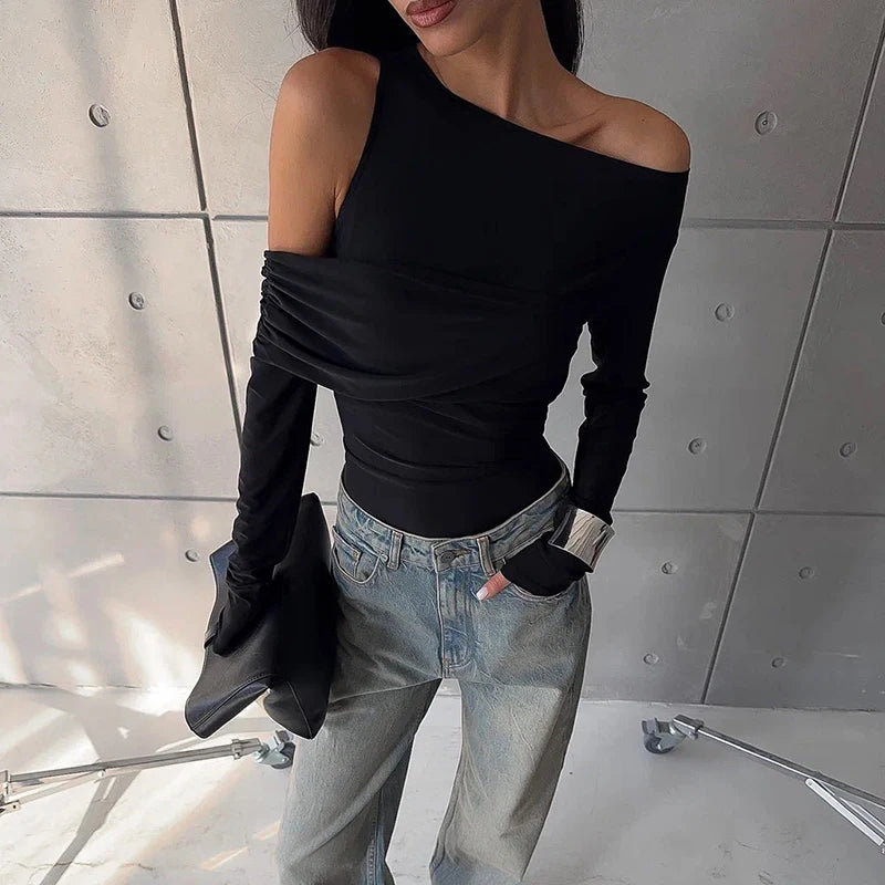 Nibber Elegant Woman Top Autumn Irregular Off Shoulder Stretch Street Fashion Blouse Simple Stylish Versatile Daily t-Shirt Aviola