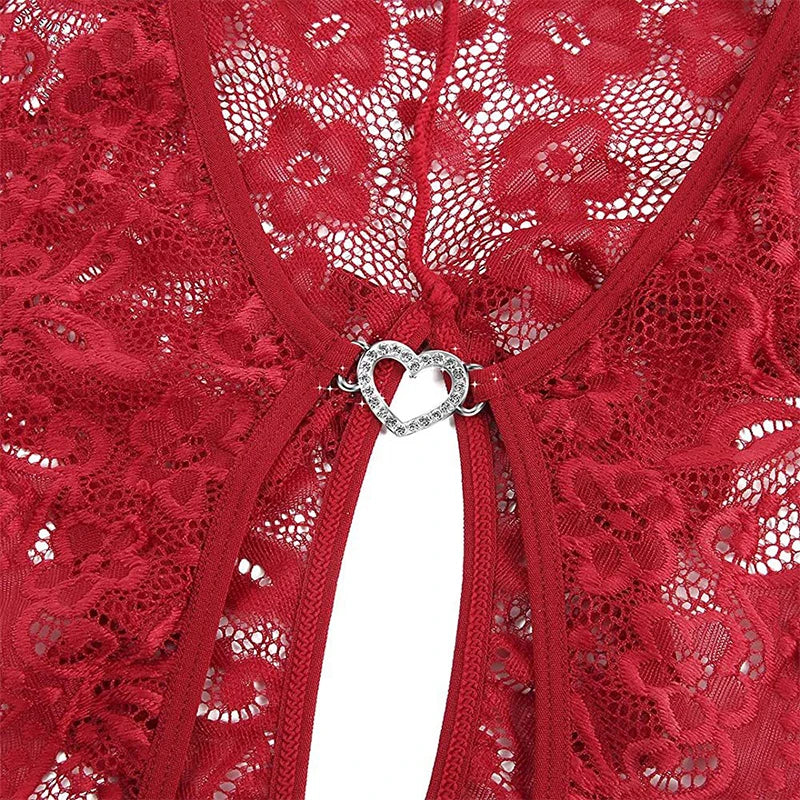 Porno Crotchless Underwear For Women Lace Cutout Transparent Teddy Erotic Costumes Sexy Lingerie Deep V Open Bra Baby Doll Dress Aviola