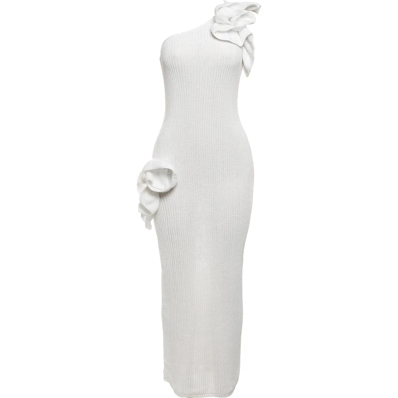 Nibber Casual Strapless Maxi Dress Women Ruched 3d Flowers Diagonal Collar Backless Holiday Crochet Elegant Fashion Vestidos Aviola