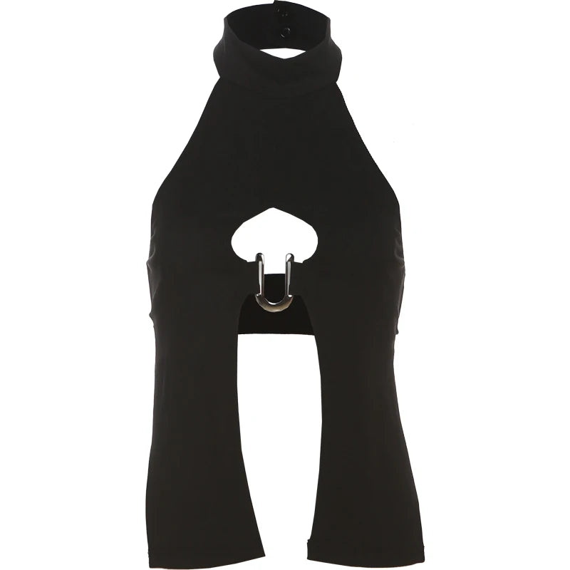 Nibber u-Shaped Metal Ring Tops Women Splits o-Neck Backless Sleeveless Coquette Buttons Halter Sexy Hottie Midnight Clothes Aviola