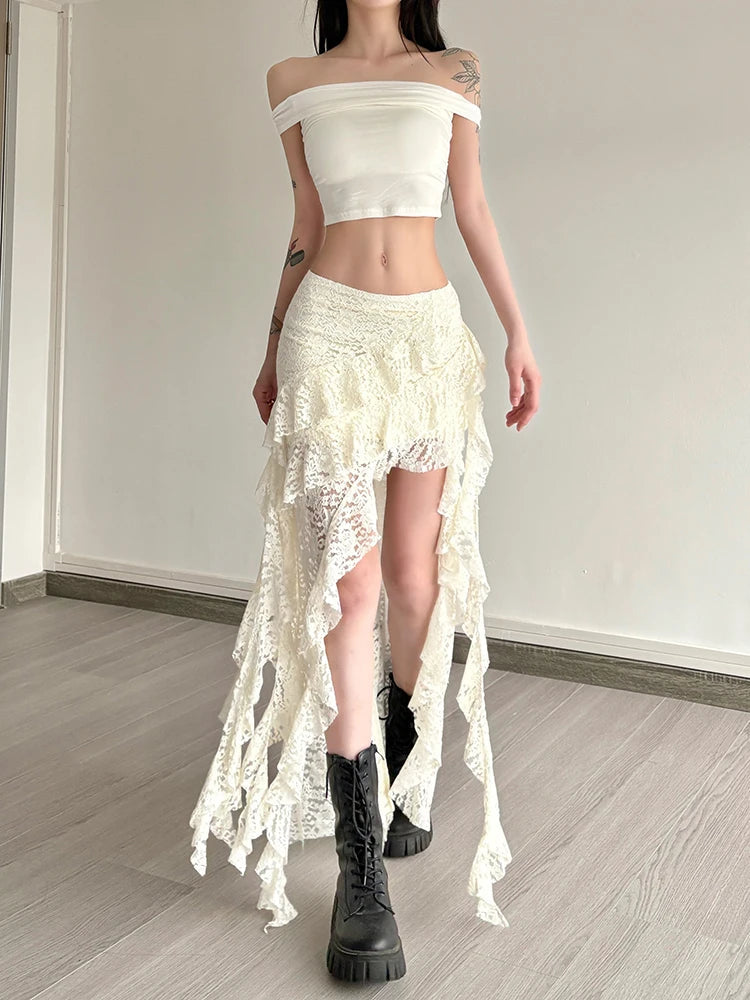 Nibber Tassels Women Skirts Irregular Hem Multi-Layered Ruffles Lace Patchwork Sweet Summer Trend Daily Skinny Versatile Bottoms Aviola