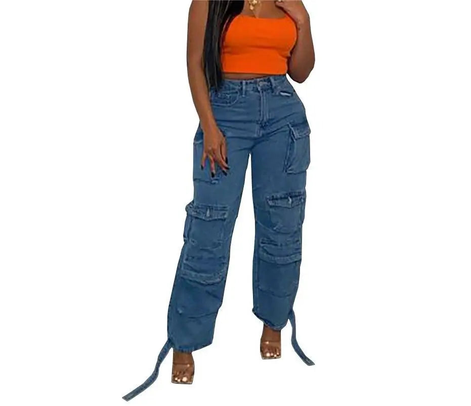 Women Jeans Washing Denim Patchwork Cargo Pants Pockets Mid Waist Zipper Mom Jeans Winter 2025 Slight Strech High Street Loose Aviola