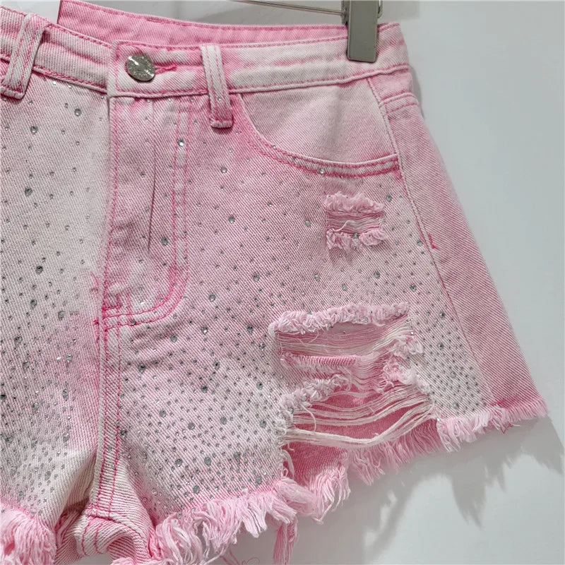 Shorts Denim Pant Women Jeans Short Pants Hot Drilling High Waist Straight Trousers Y2k Streetwear Splice Slim Fit Summer Party Aviola