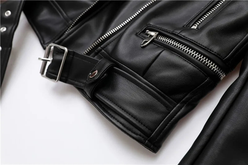 RARF Spring and Autumn 2025 New faux leather PU jacket with belt women's lapel motorcycle jacket black zip biker jacket Aviola