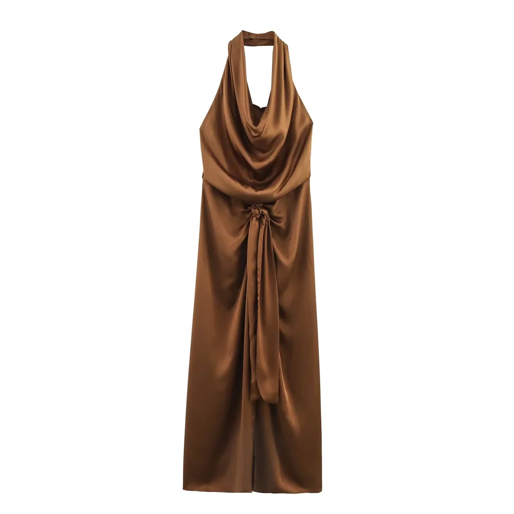 BM&MD&ZA2025silk satin texture halter neck temperament backless slim solid color midi dress summer women's wear Aviola