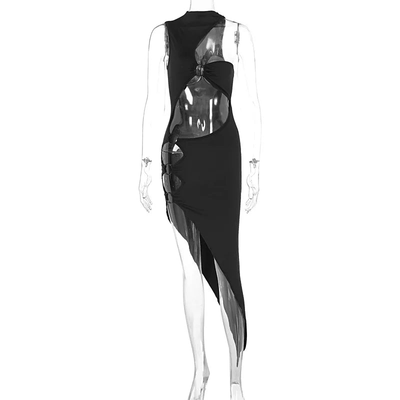 Nibber Rings Patchwork Dress Women Sexy Irregular Hollow Sleeveless Midnight Hottie Club Party Hipster Solid Slits Long Bodycon Aviola