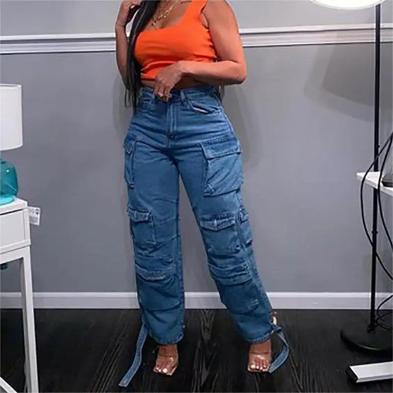 Women Jeans Washing Denim Patchwork Cargo Pants Pockets Mid Waist Zipper Mom Jeans Winter 2025 Slight Strech High Street Loose Aviola