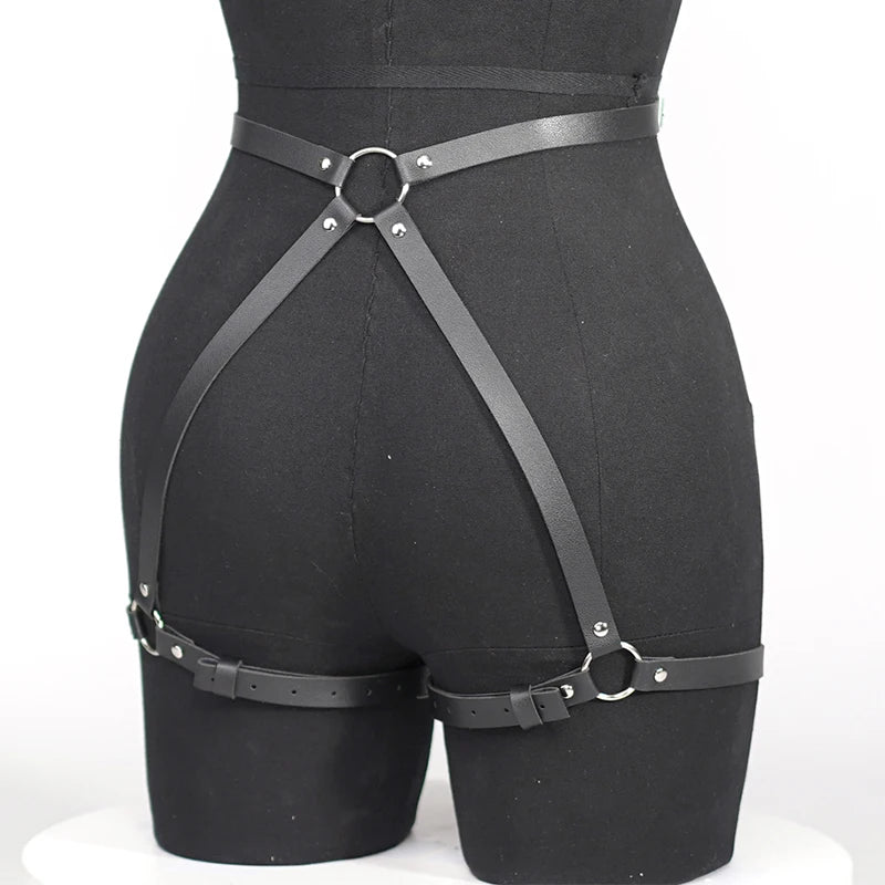 Gothic PU Leather Harness Buttock Garters Sexy Women's Lingerie Set BDSM Body Bondage Leg Harness Fetish Erotic Underwear Sets Aviola