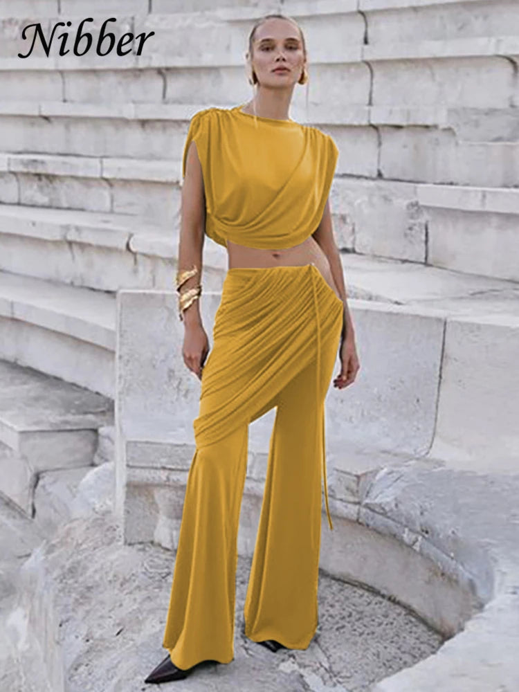 Nibber Classic 2 Piece Set Elegant Ruched Summer Women Chic Irregular Tank Tops+Skirts Pants Matching Casual Basic Streetwear Aviola