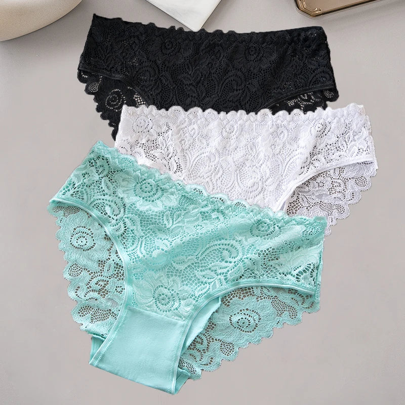 3PCS/Set White Black Green Solid Color Cotton Panties Hollow Out Lace Floral Embroidery Women Briefs Aviola