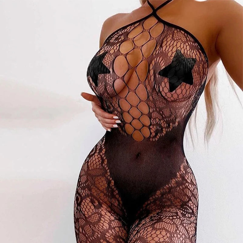 Erotic Crotchless Lingerie Plus Size Women Sexy Backless Mesh Hollow Bra Set Halter Open Crotch Bodystockings Porn Underwear Set Aviola